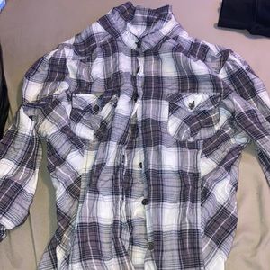 Grey, black and white flannel. Brand is Mudd. Size Large.